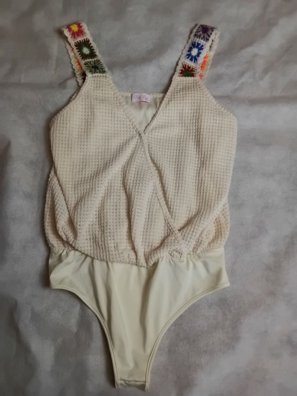 Pink Lily Bodysuit Medium Waffle Knit Wrap Style Granny Square Shoulder Straps